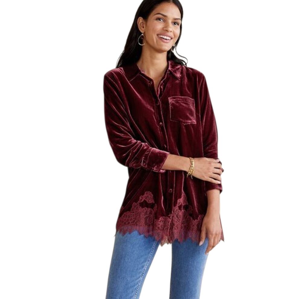 Soft Surroundings Eden Velvet and Lace Blouse in Cabernet Size M